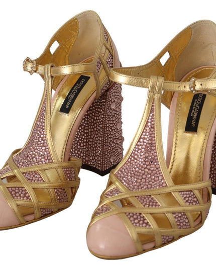 Dolce & Gabbana Pink Gold Leather Crystal Pumps T-strap Shoes