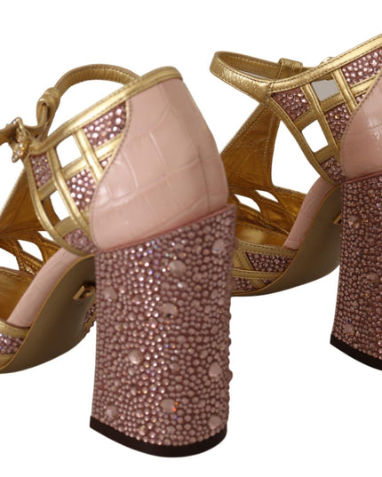 Dolce & Gabbana Pink Gold Leather Crystal Pumps T-strap Shoes