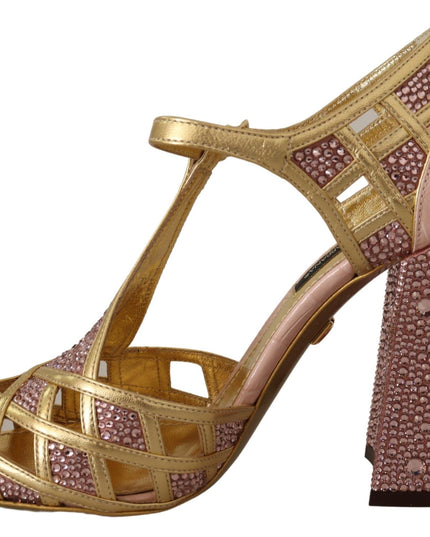 Dolce & Gabbana Pink Gold Leather Crystal Pumps T-strap Shoes