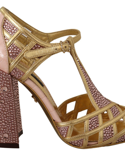 Dolce & Gabbana Pink Gold Leather Crystal Pumps T-strap Shoes