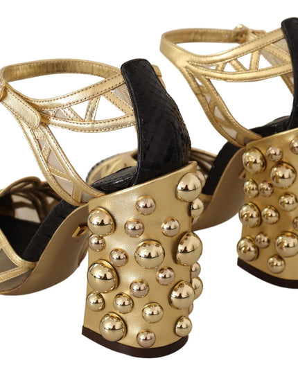 Dolce & Gabbana Black Gold Leather Studded Ankle Straps Shoes