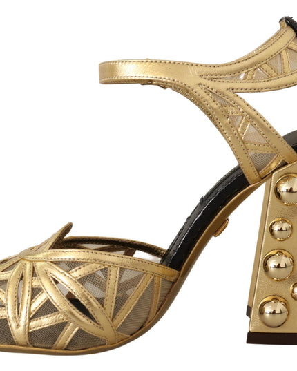 Dolce & Gabbana Black Gold Leather Studded Ankle Straps Shoes