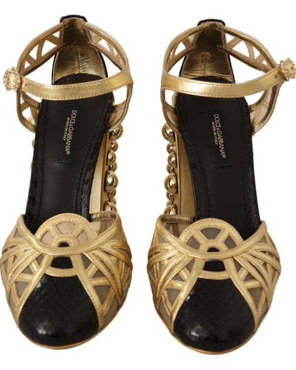 Dolce & Gabbana Black Gold Leather Studded Ankle Straps Shoes