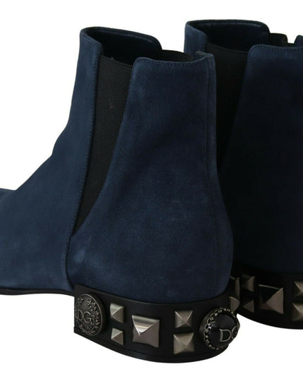 Dolce & Gabbana Blue Suede Embellished Studded Boots Shoes