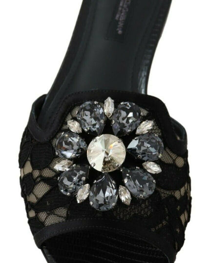 Dolce & Gabbana Black Taormina Lace Slides Crystals Flats Shoes