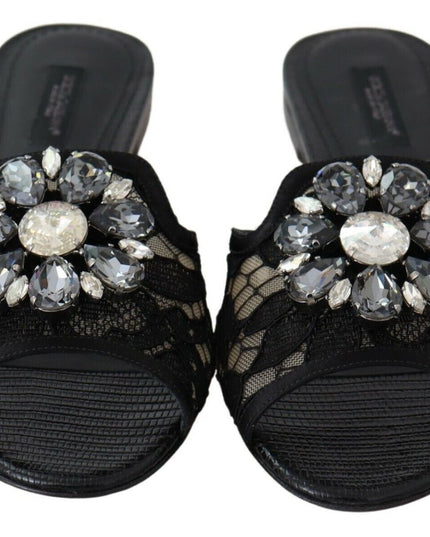 Dolce & Gabbana Black Taormina Lace Slides Crystals Flats Shoes
