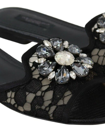 Dolce & Gabbana Black Taormina Lace Slides Crystals Flats Shoes