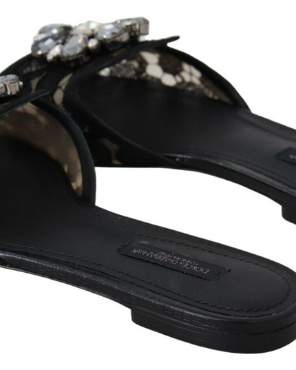 Dolce & Gabbana Black Taormina Lace Slides Crystals Flats Shoes