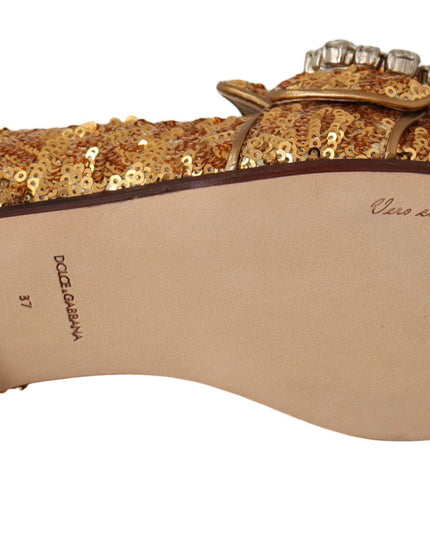 Dolce & Gabbana Gold Sequin Crystal Flat Women Loafers Shoes