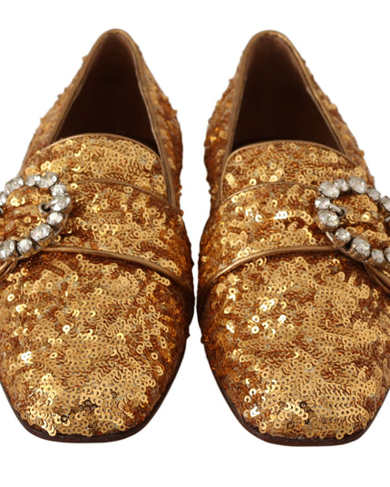 Dolce & Gabbana Gold Sequin Crystal Flat Women Loafers Shoes