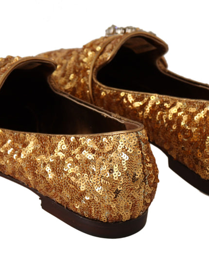 Dolce & Gabbana Gold Sequin Crystal Flat Women Loafers Shoes