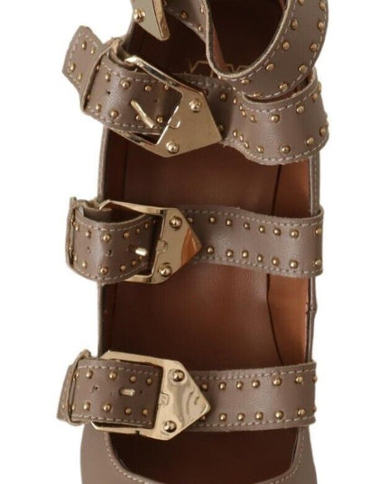 MY TWIN Brown Leather Block Heels Multi Buckle Pumps Shoes