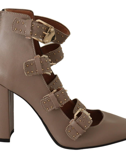 MY TWIN Brown Leather Block Heels Multi Buckle Pumps Shoes