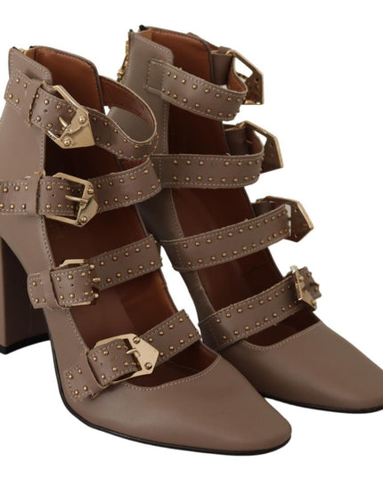 MY TWIN Brown Leather Block Heels Multi Buckle Pumps Shoes