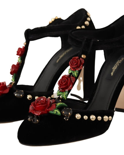Dolce & Gabbana Black Mary Jane Pumps Roses Crystals Shoes