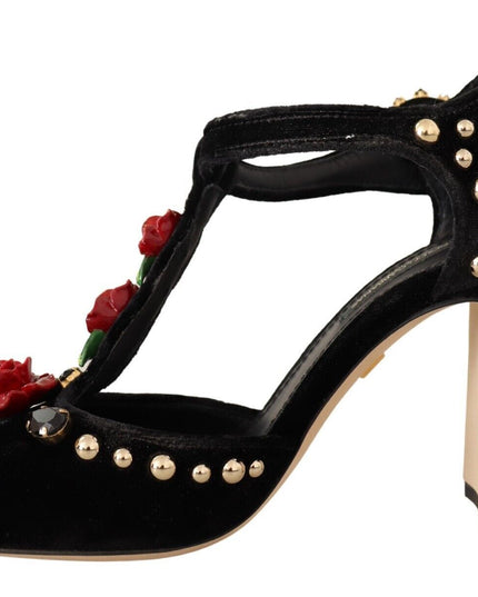 Dolce & Gabbana Black Mary Jane Pumps Roses Crystals Shoes