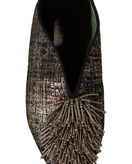 Paola D'Arcano Gold Jacquard Leather Embellished Slip On Shoes