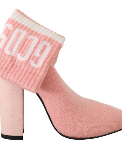 GCDS Pink Suede Logo Socks Block Heel Ankle Boots Shoes