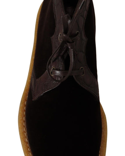 Dolce & Gabbana Brown Velvet Exotic Leather Boots
