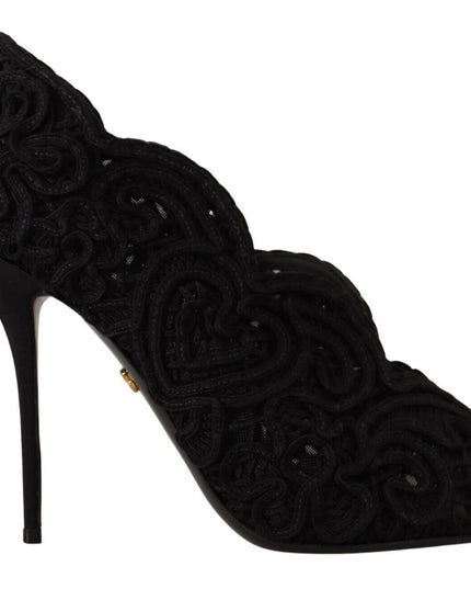 Dolce & Gabbana Black Cordonetto Ricamo Pump Open Toe Shoes