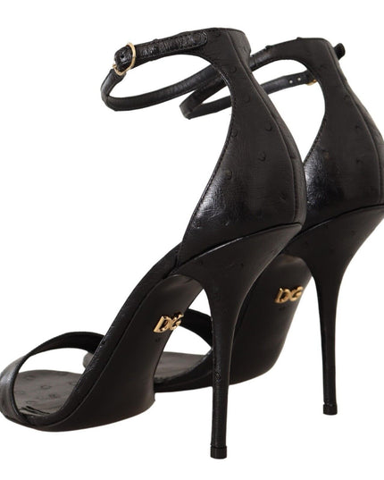 Dolce & Gabbana Black Ostrich Ankle Strap Heels Sandals Shoes