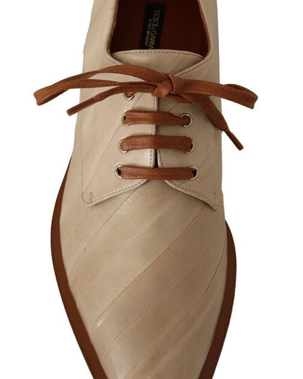 Dolce & Gabbana White Eel Leather Lace Up Formal Flats Shoes