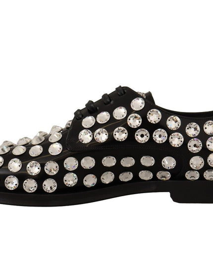 Dolce & Gabbana Black Leather Crystals Lace Up Formal Shoes