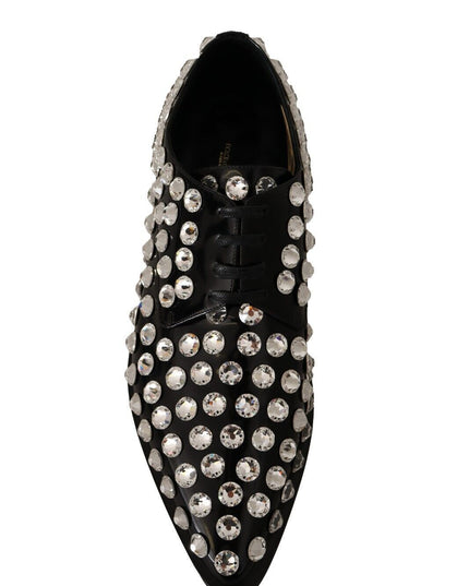 Dolce & Gabbana Black Leather Crystals Lace Up Formal Shoes