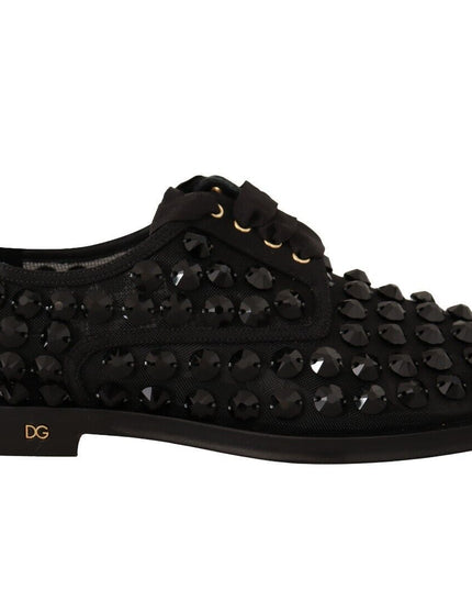 Dolce & Gabbana Black Lace Up Studded Formal Flats Shoes