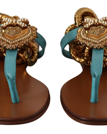 Dolce & Gabbana Blue Leather Devotion Flats Sandals