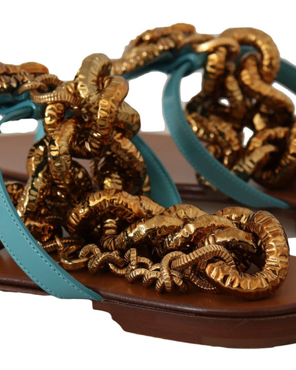 Dolce & Gabbana Blue Leather Devotion Flats Sandals
