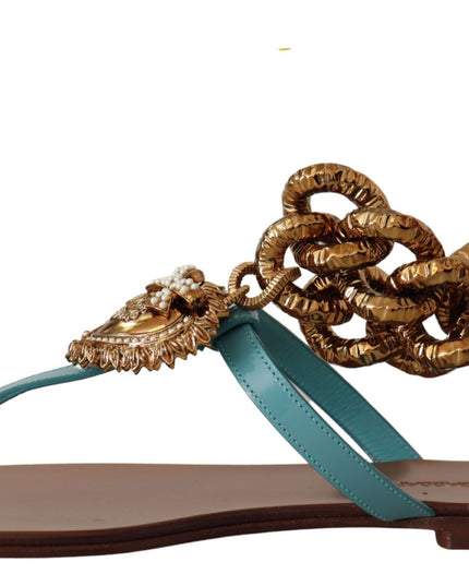 Dolce & Gabbana Blue Leather Devotion Flats Sandals