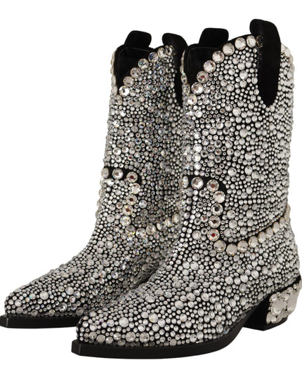 Dolce & Gabbana Black Suede Strass Crystal Cowgirl Boots