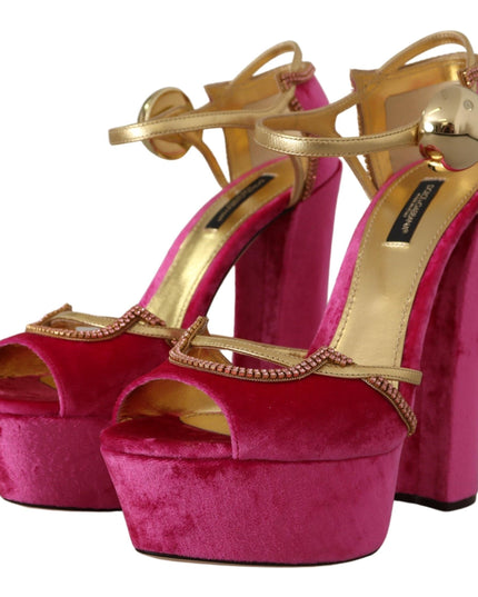 Dolce & Gabbana Pink Velvet Crystal Ankle Strap Sandals Shoes
