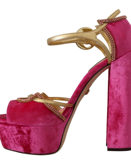 Dolce & Gabbana Pink Velvet Crystal Ankle Strap Sandals Shoes