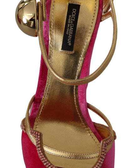 Dolce & Gabbana Pink Velvet Crystal Ankle Strap Sandals Shoes