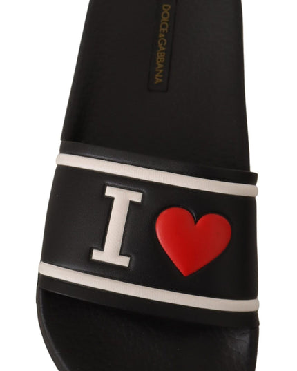 Dolce & Gabbana Black Leather I Love D&G Slides Sandals
