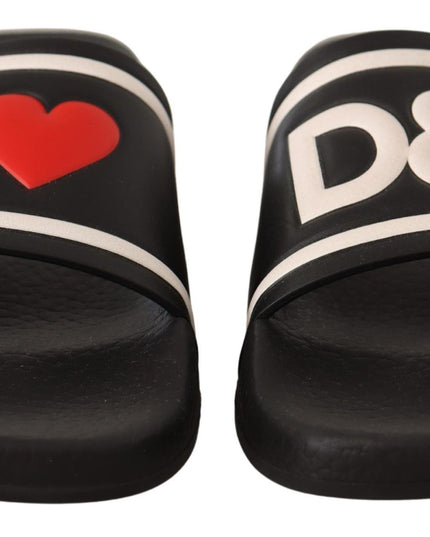 Dolce & Gabbana Black Leather I Love D&G Slides Sandals