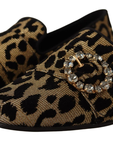 Dolce & Gabbana Gold Leopard Print Crystals Loafers Shoes