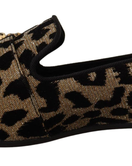 Dolce & Gabbana Gold Leopard Print Crystals Loafers Shoes