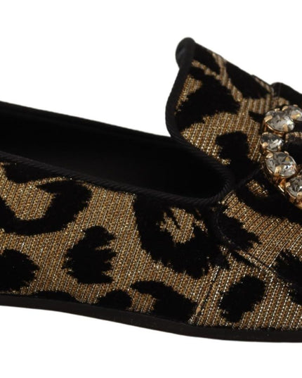 Dolce & Gabbana Gold Leopard Print Crystals Loafers Shoes