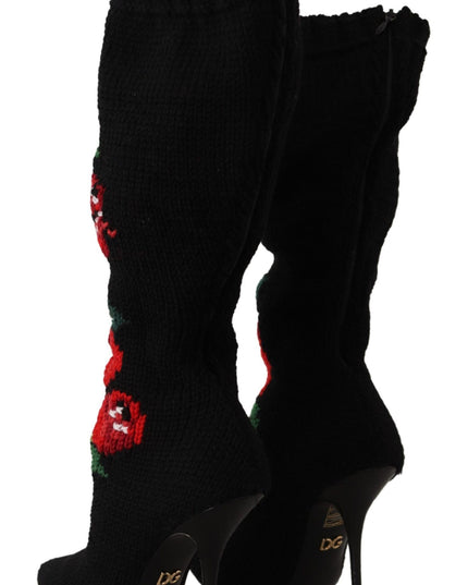 Dolce & Gabbana Black Stretch Socks Red Roses Booties Shoes