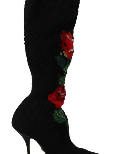 Dolce & Gabbana Black Stretch Socks Red Roses Booties Shoes