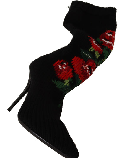 Dolce & Gabbana Black Stretch Socks Red Roses Booties Shoes