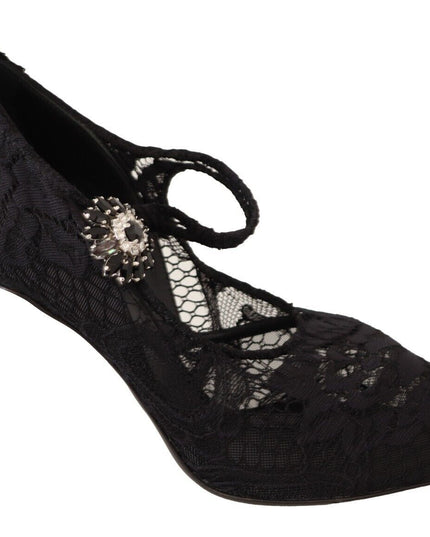 Dolce & Gabbana Black Lace Crystals Heels Mary Jane Pumps Shoes