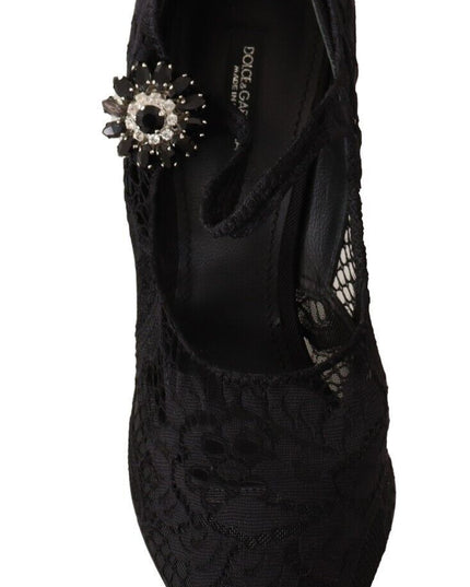 Dolce & Gabbana Black Lace Crystals Heels Mary Jane Pumps Shoes