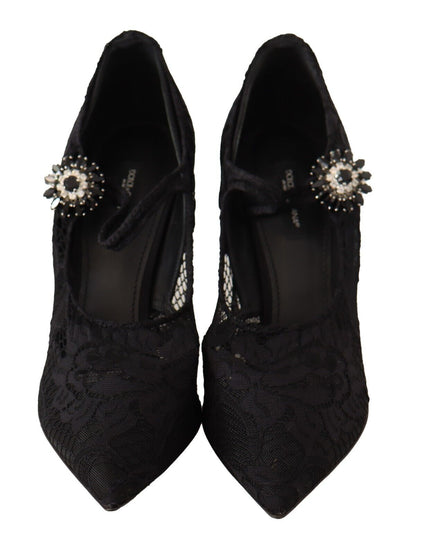 Dolce & Gabbana Black Lace Crystals Heels Mary Jane Pumps Shoes