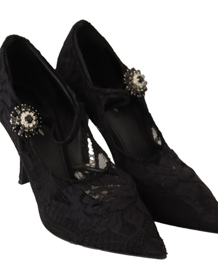 Dolce & Gabbana Black Lace Crystals Heels Mary Jane Pumps Shoes