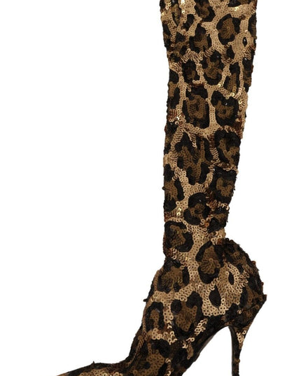 Dolce & Gabbana Gold Leopard Sequins Heels Boots Shoes