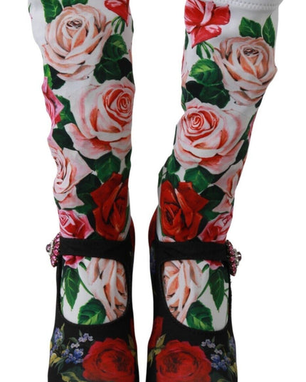 Dolce & Gabbana Black Floral Socks Crystal Jersey Boots Shoes